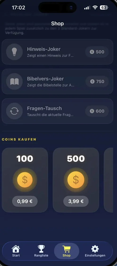 Shop mit zusätzlichen Jokern und Coin-Paketen