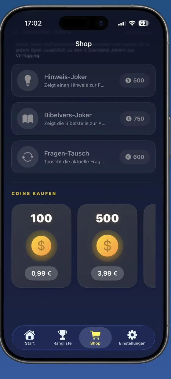 Shop mit zusätzlichen Jokern und Coin-Paketen