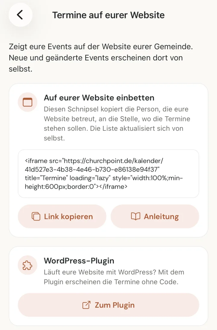 Einstellungen in der Churchpoint-App mit dem Punkt „Termine auf eurer Website“